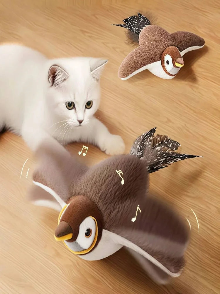 Nouveau jouet interactif pour chat et chien, oiseau simulé rechargeable qui chiaie et bat les ailes (non volant), jouet en peluche activé par le toucher pour animaux de compagnie