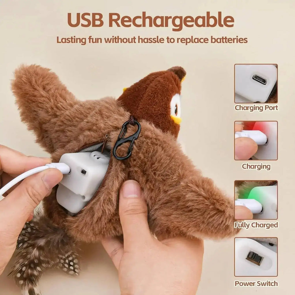 Nouveau jouet interactif pour chat et chien, oiseau simulé rechargeable qui chiaie et bat les ailes (non volant), jouet en peluche activé par le toucher pour animaux de compagnie