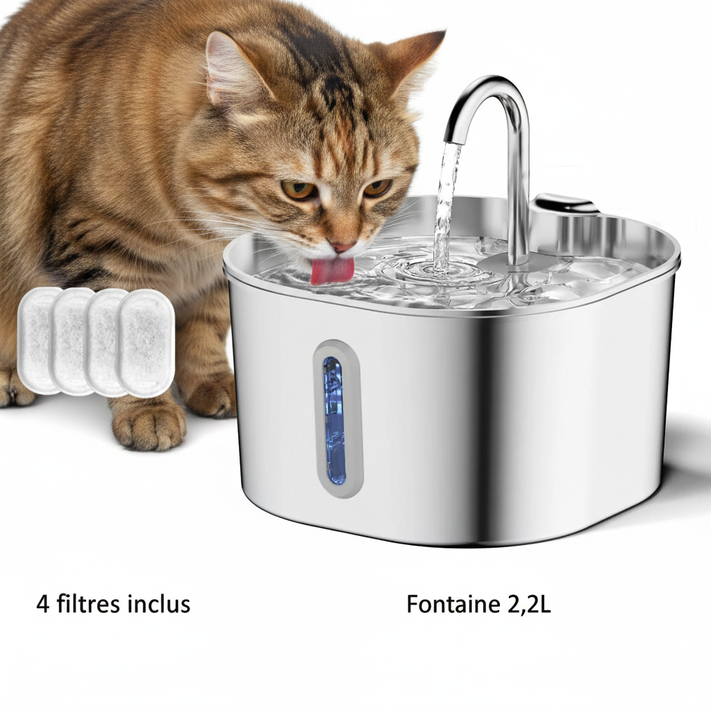 Fontaine à Eau Filtrante en Acier Inoxydable pour Chat et Chien - 2,2L